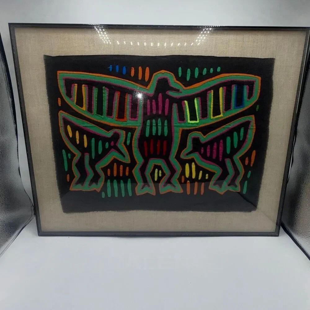 VINTAGE MCM Panamanian Mola on Burlap Artwork Framed